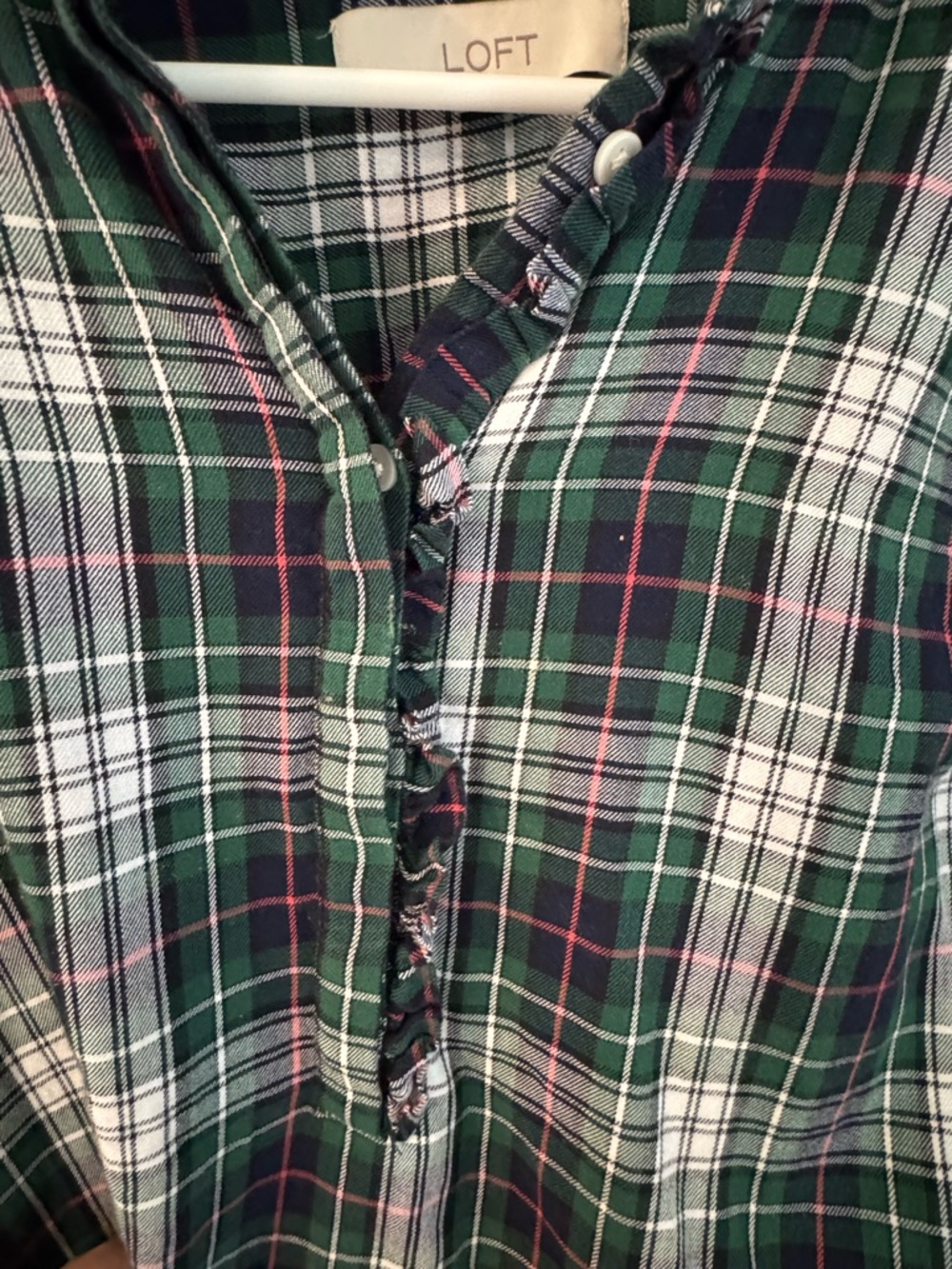 LOFT Green and White Plaid Button-Front Shirt with Ruffle Neckline